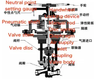 The structure of a typical pneumatic globe valve equipped with a handwheel